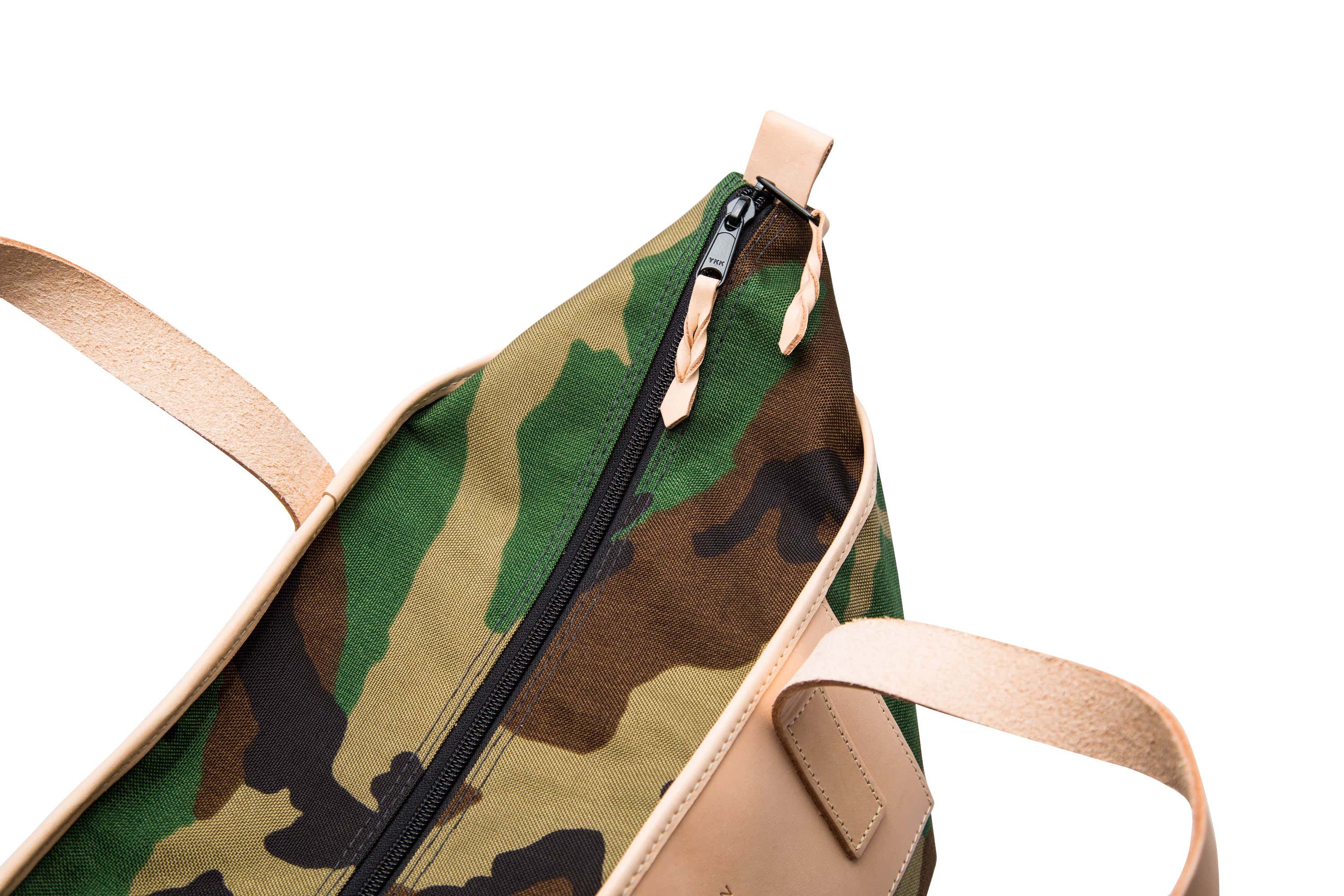 Becca Lov's medium waterproof camouflage tote shops bag with leather accent strips