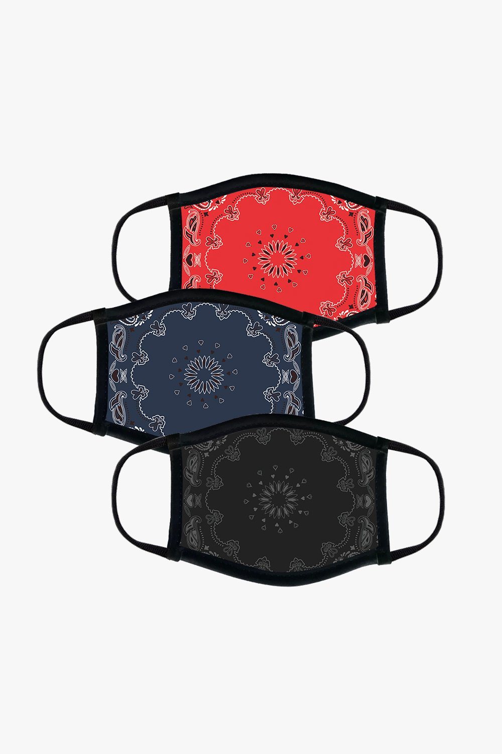 Reusable Fabric Face Mask - Paisley Bandana Jack + Mulligan Assorted (Red, Navy, Black) 3 Pack 